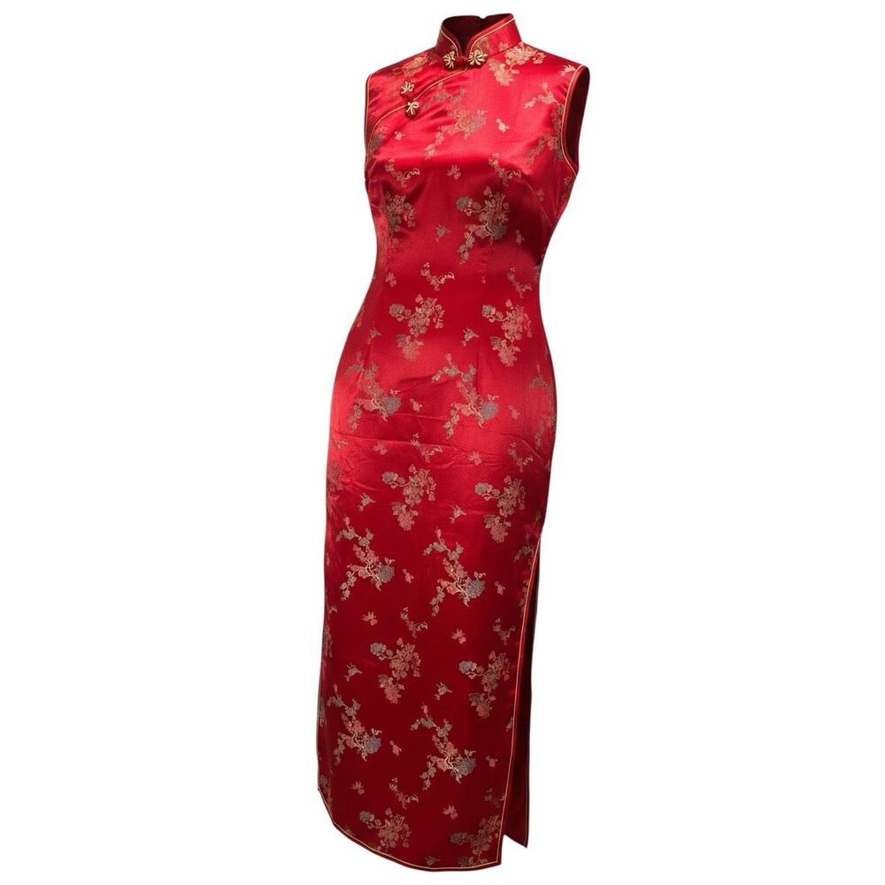 Vintage Y2k All That Jazz Red Cheongsam Maxi Regency Dress Cherry Blossom  9/10